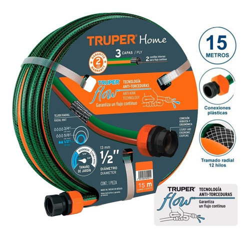 Manguera De Riego Reforzada 1/2 Pulgada 15 Mts Acople Truper 16051