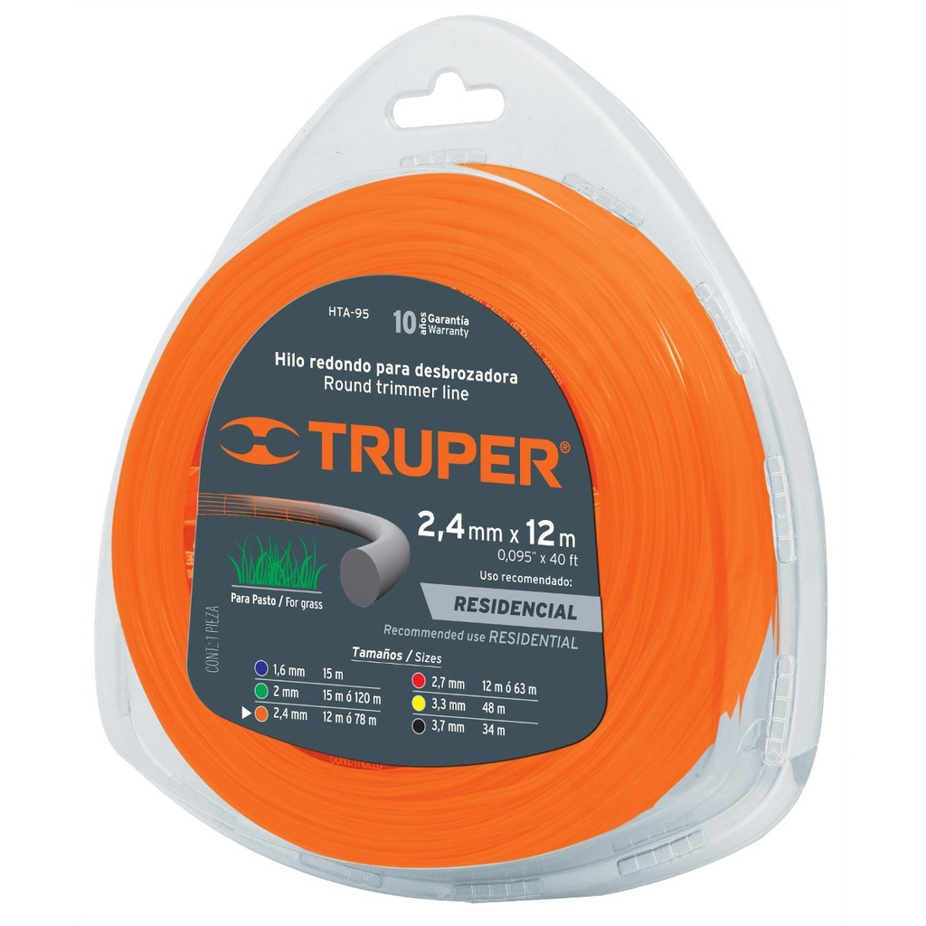 Hilo Redondo 2.4 Mm X 12 Mt Naranja Truper 17607
