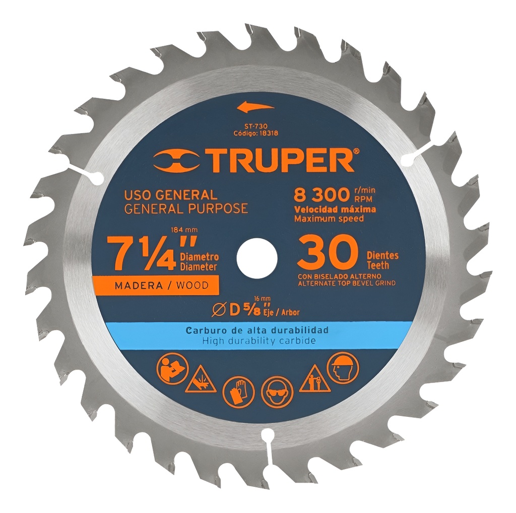 Sierra Circular Madera 30 D. 7-1/4' X 5/8' Truper 18318 60 Mhz