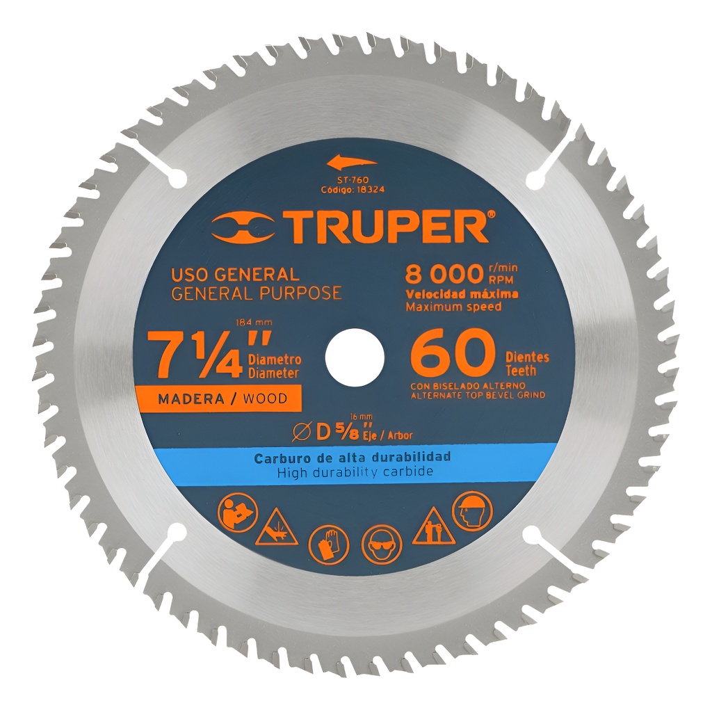 [TR-ST-760] Sierra Circular Madera 60d. 7-1/4" X 5/8" Truper 18324 60 Mhz