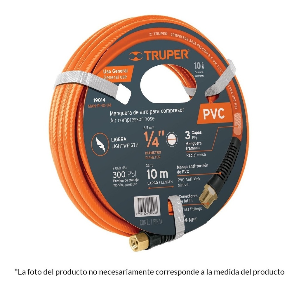 [TR-MAN-PI-10-3/8] Manguera Compresor Pvc 3/8' X 10 Mt Baja Pres Truper 10893 Naranja