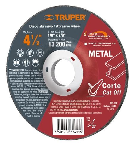 Disco T.27 Corte Metal 4-1/2' Uso Gral. Truper 11549