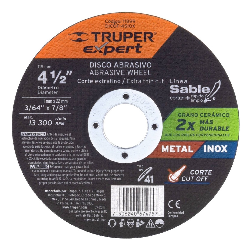 Disco Corte Metal 4 1/2'' Maxima Durabilidad 1  Truper 11899