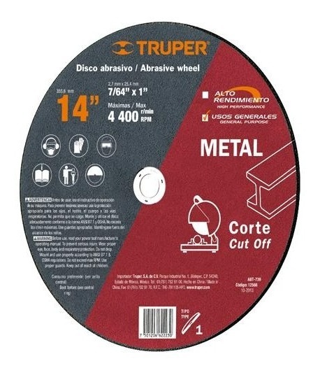 [TR-ABT-739] Disco Corte Metal 14" Chop Saw Corte Limpio Truper 12568