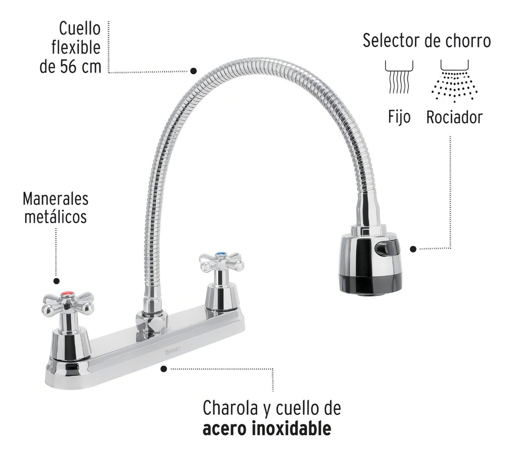 Mezcladora P/fregadero,manerales Cruceta,cuello Flex, Foset Acabado Brillante