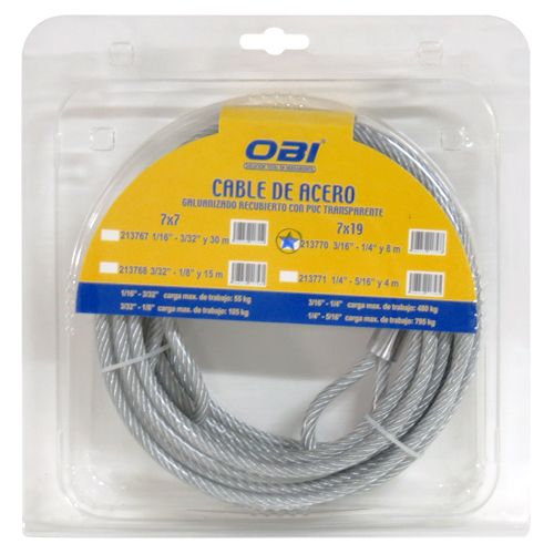 Cable de Acero Plastificado 7×19 3/16"-1/4" x 8m Blíster