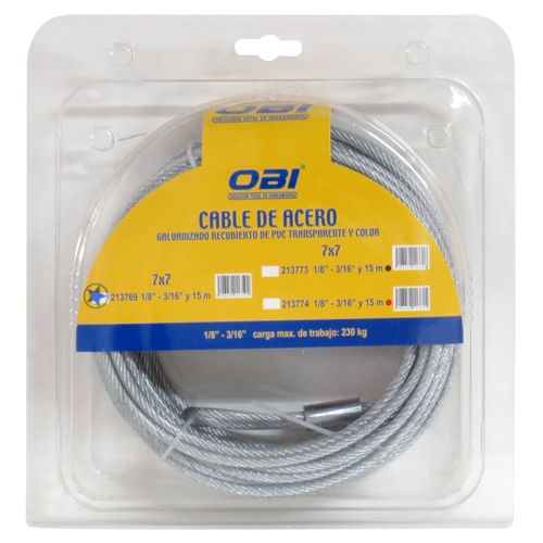Cable de Acero Plastificado 7×7 1/8"-3/16" x 15m Blíster