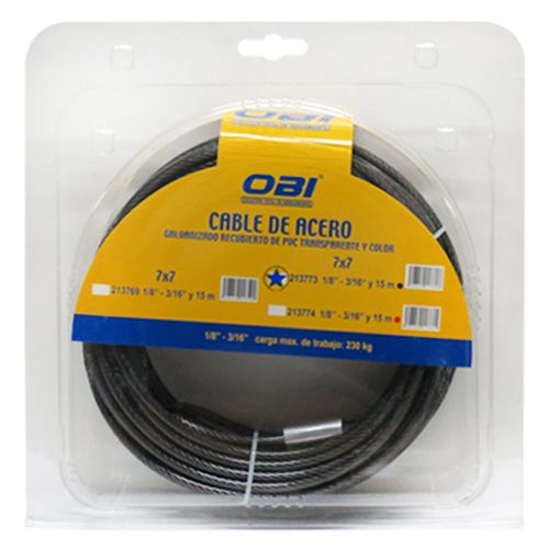 [OB-213773] Cable de Acero Plastificado 7×7 1/8"-3/16" x 15m Negro Blíster