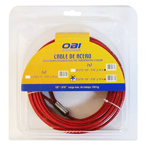 Cable de Acero Plastificado 7×7 1/8"-3/16" x 15m Rojo Blíster