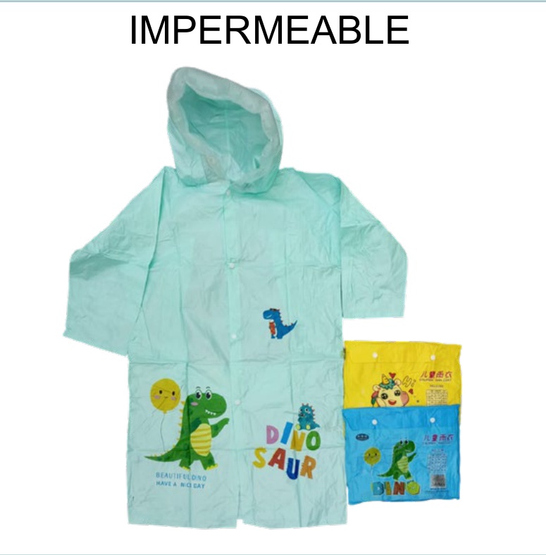[EB-UB8737] Impermeable PVC Infantil Dinosaurio Tallas M L XL 125-145cm — Caja x100 pzas
