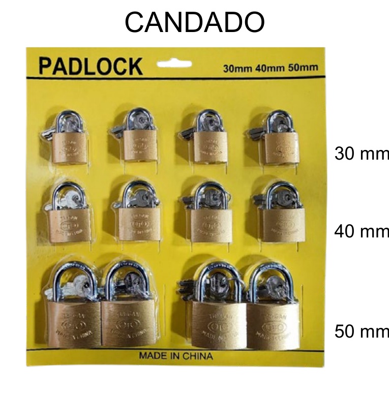 [EB-TL44579] Display Candados Latón Blister 12 Pzas 30-40-50mm Dorado — Caja x20 displays