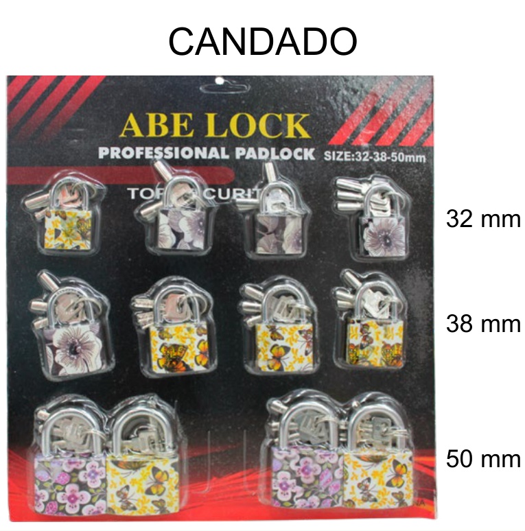 [EB-TL44810] Display Candados ABE Lock Diseños Blister 12 Pzas 32-38-50mm — Caja x20 displays
