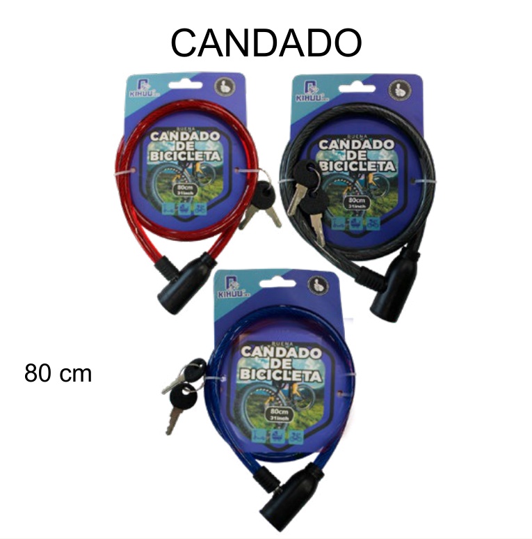 [EB-TL44608] Candado Cable Bicicleta 80cm con Llave Colores Mayor Alcance — Caja x120 pzas