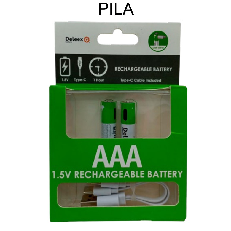 [EB-EP31927] Pila Recargable Deleex AAA 1.5v Li-Ion con Cable Tipo C — Caja x100 pzas