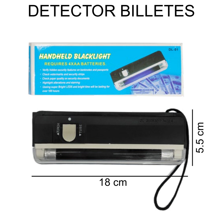 [EB-EP31823] Detector de Billetes Portátil Luz UV con Pilas 18x5.5cm — Caja x200 pzas
