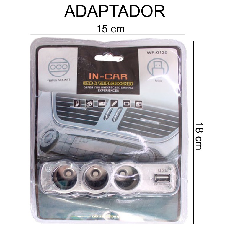 [EB-EP90042] Adaptador Triple para Encendedor de Auto con USB 15x18cm — Caja x150 pzas