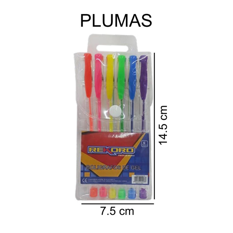 [EB-ST42174] Plumas gel colores surtidos 6 pzas 14.5cm — Caja x480 pzas