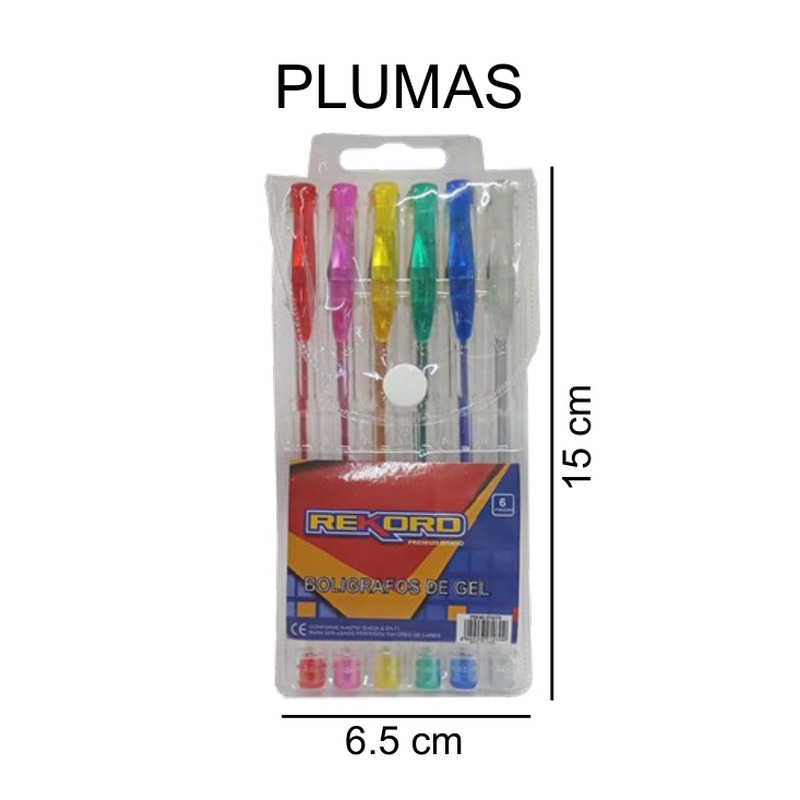 [EB-ST42176] Plumas gel neon surtidas 6 pzas 15cm — Caja x480 pzas