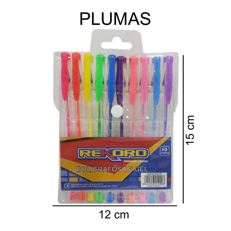 [EB-ST42175] Plumas gel multicolor 10 pzas con estuche 15cm — Caja x288 pzas