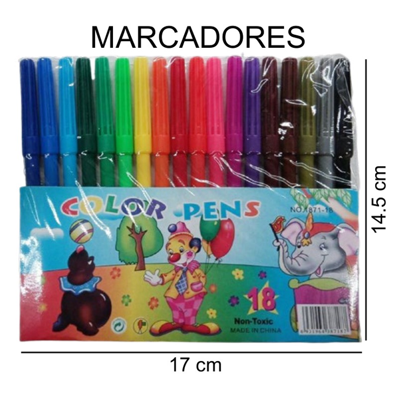 [EB-ST39127] Marcadores de colores 18 pzas en bolsa sellada — Caja x288 pzas