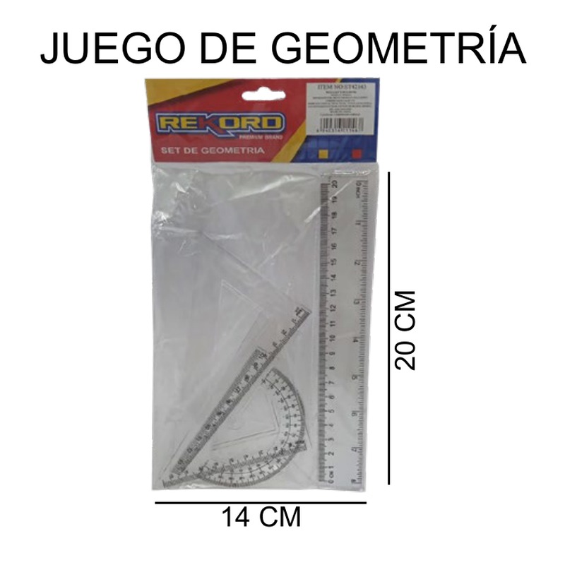 [EB-ST42143] Juego de geometría 20cm regla escuadra transportador — Caja x576