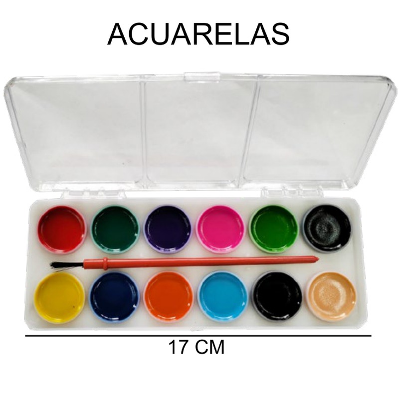 [EB-ST39791] Acuarela 12 colores con pincel 7x17cm — Caja x288 pzas