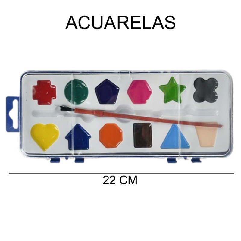 [EB-ST39792] Acuarela figuras 12 colores con pincel 8x22cm — Caja x288 pzas