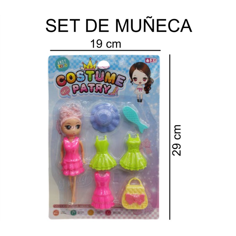 [EB-TS91554] Set Muñeca Costume Party 19 cm + 2 Vestidos Sombrero Bolsita — Caja 384 pz
