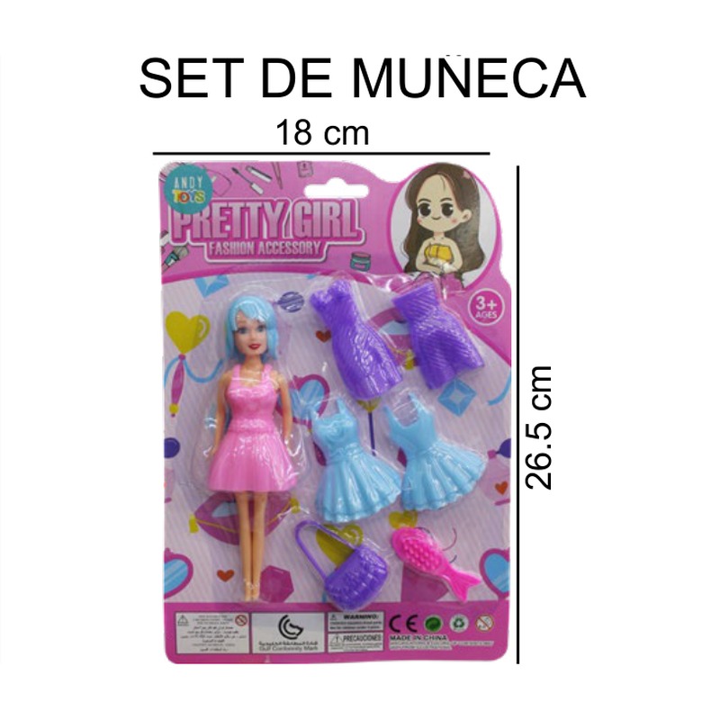 [EB-TS91559a] Set Muñeca Pretty Girl Fashion 18 cm Cabello Azul + Accesorios — Caja 384 pz
