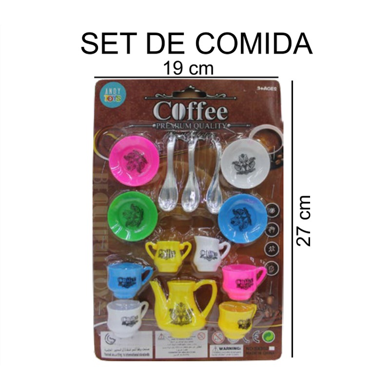[EB-TS85190] Set Comida Coffee Premium 14 pz Tazas Jarra Platos Cucharitas 4 Colores 18x27 cm — Caja 240 pz