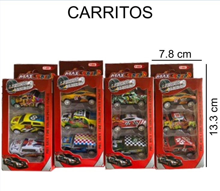 [EB-TS91607] Carritos Metal 3 Piezas 4 Modelos Blister 8×3×14 cm — Caja x480 pz