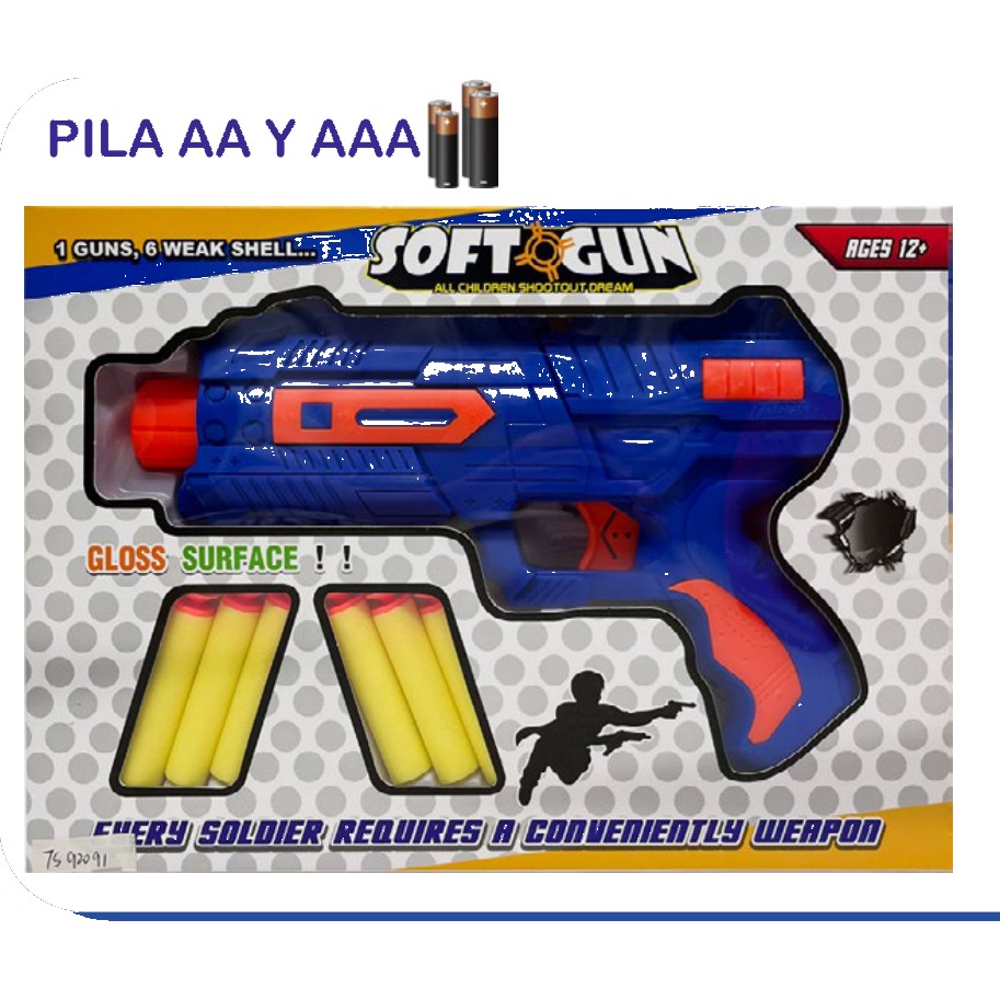 [EB-TS92091] Pistola Soft Gun con Balas de Espuma 3 Colores Pila AA | EB-TS92091 | Caja x72 pzas
