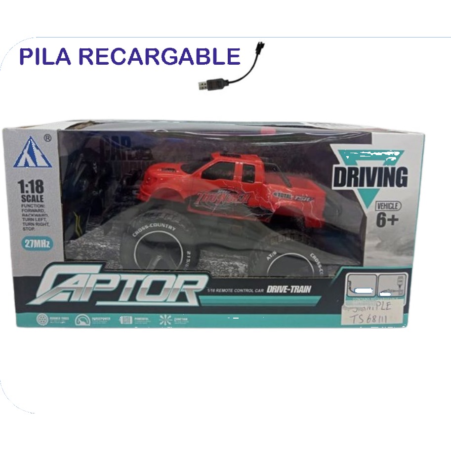 [EB-TS68111] Carro RC Raptor Driving 4x4 2 Colores Recargable 1:18 | EB-TS68111 | Caja x36 pzas