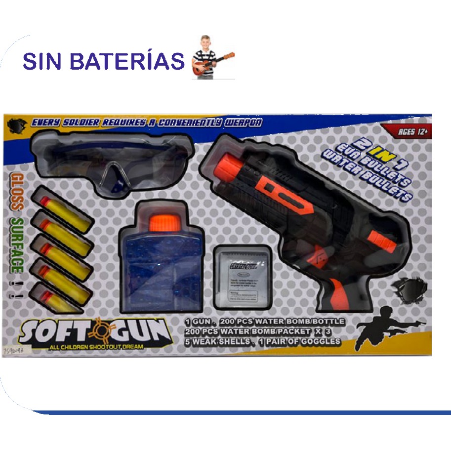 [EB-TS92093] Pistola Soft Gun 2 en 1 Balas y Bombas de Agua 3 Colores | EB-TS92093 | Caja x36 pzas