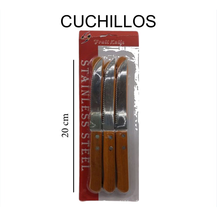 [EB-KC50140] Set 3 Cuchillos Acero Inox Mango Madera 20 cm KC50140 — Caja 144 pzas