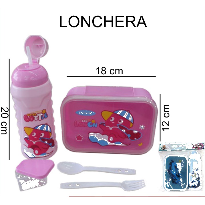 [EB-HW61996] Lonchera Infantil con Botella Plástico Rosa y Azul 18x12x6 cm HW61996