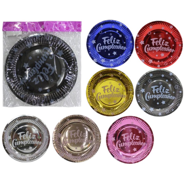 [EB-PT12239] Plato Desechable Metálico Feliz Cumpleaños 7" 10 pzas — Caja x500