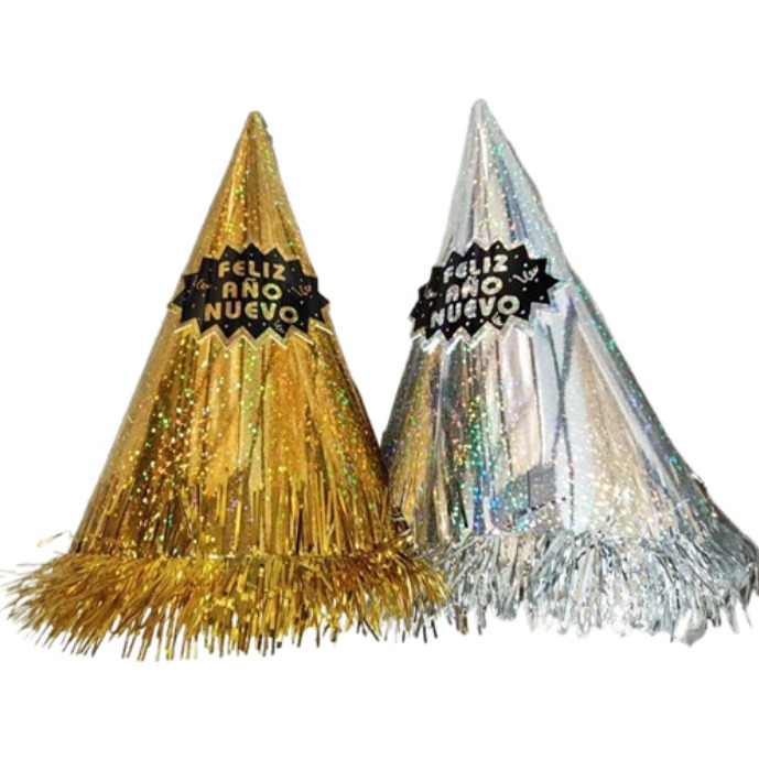 [EB-PT11762] Sombrero Año Nuevo Cono con Flecos 30 cm Dorado Plateado — Caja x600