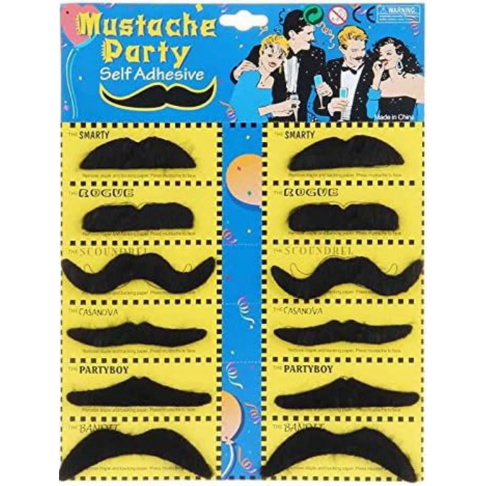 [EB-PT11764] Bigote Autoadherible 9 cm 12 pzas Surtidos Photobooth — Caja x1200