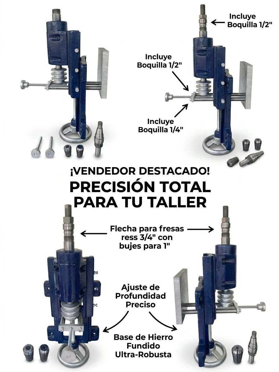 Trompo Shaper Router Industrial weisco con Flecha de 3/4" y Boquillas de 1/2" y 1/4"