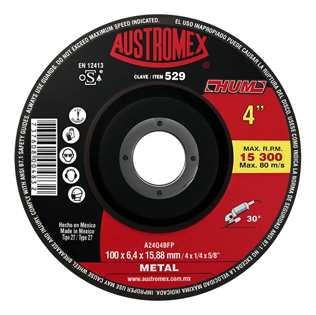 [BE-20971] Disco 4" Desb Metal AUX529 Austromex para Corte y Desbaste