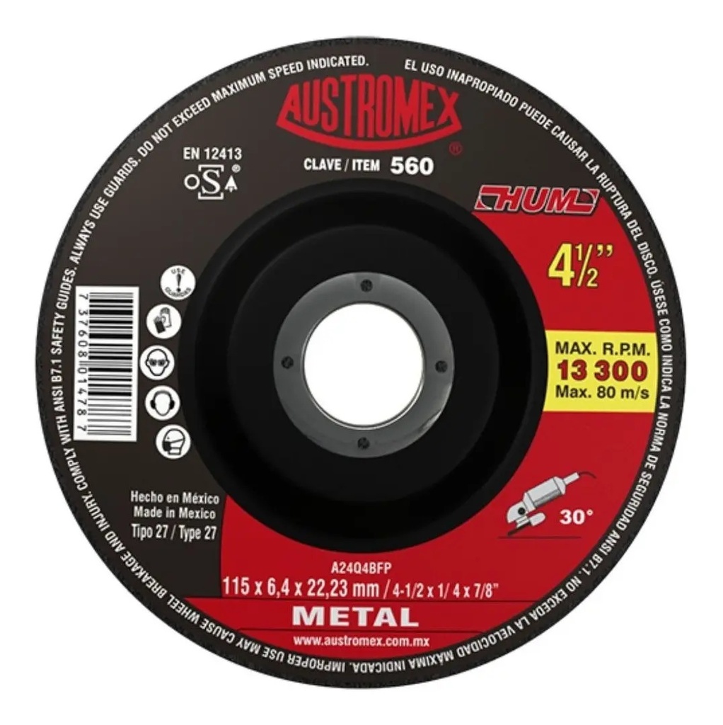 Disco 4-1/2" Desb Metal AUX560 Austromex para Corte y Desbaste