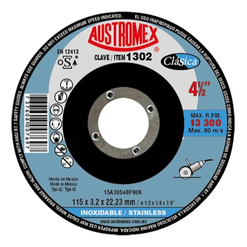 Disco 4-1/2" Inox AUX1302 Austromex para Corte y Desbaste
