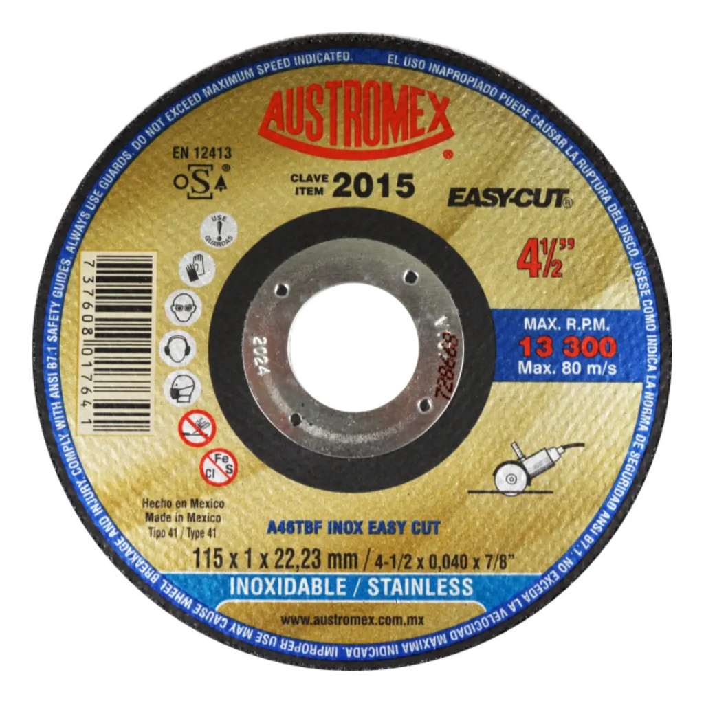 Disco 4-1/2" Inox AUX2015 Austromex para Corte y Desbaste