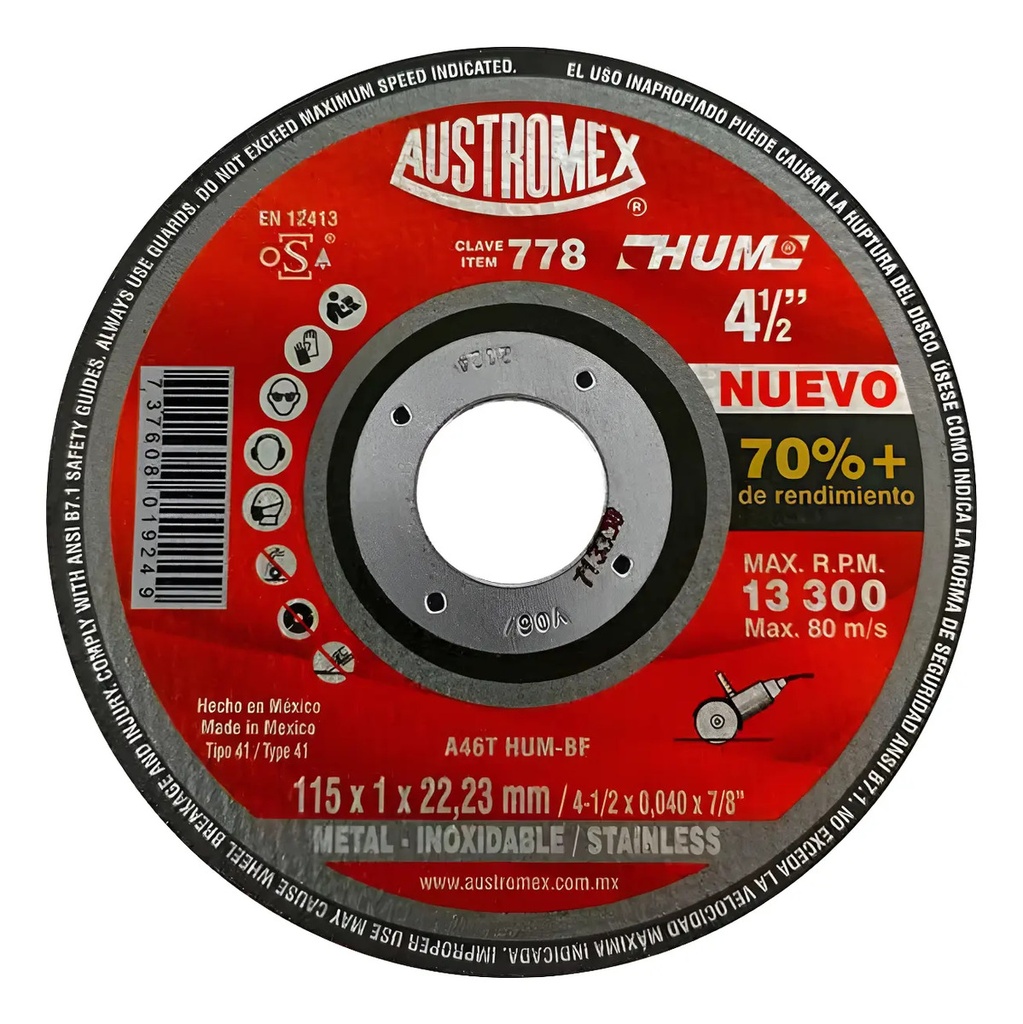 Disco 4-1/2" Inox AUX778 Austromex para Corte y Desbaste