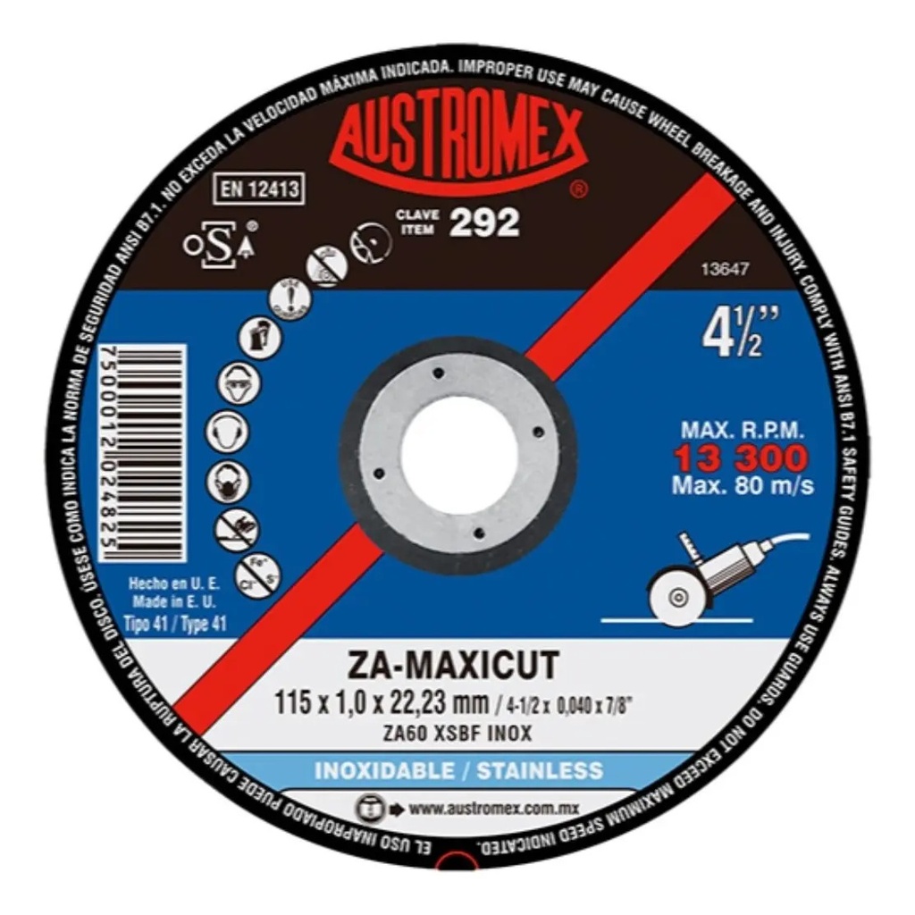 Disco 4-1/2" INOXX7/8" AUX292 Austromex para Corte y Desbaste