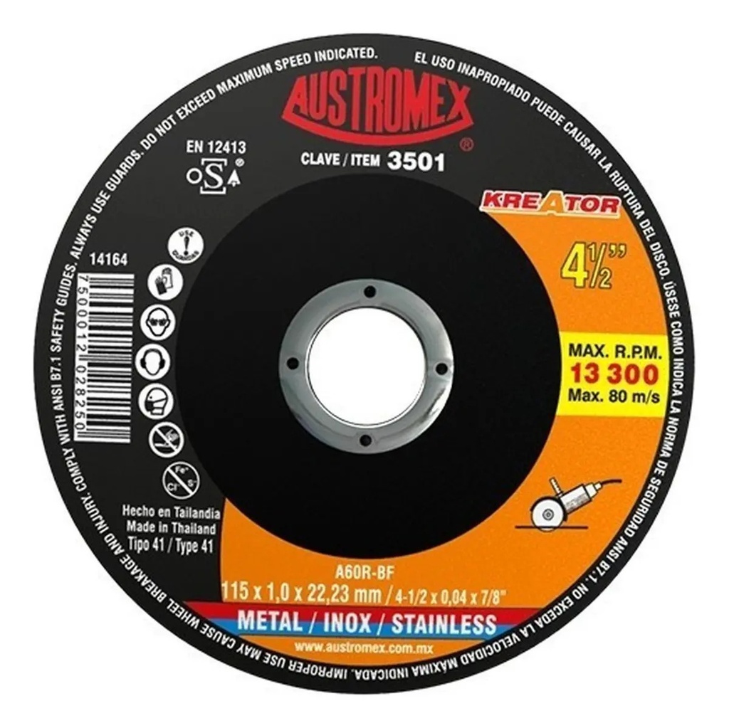 Disco 4-1/2" Kreator Inox AUX3501 Austromex para Corte y Desbaste