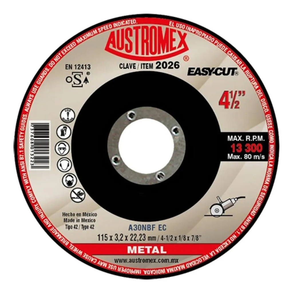 Disco 4-1/2" Metal AUX2026 Austromex para Corte y Desbaste