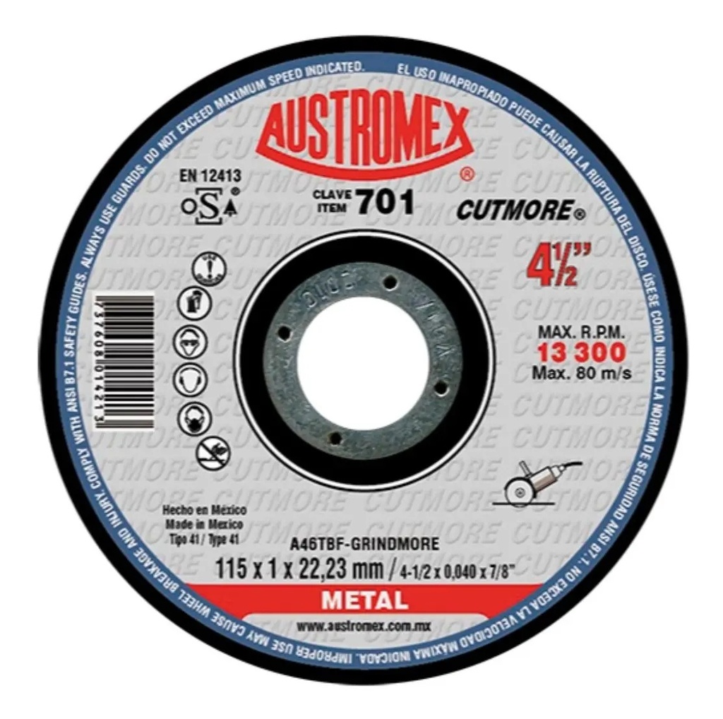 Disco 4-1/2" Metal AUX701 Austromex para Corte y Desbaste