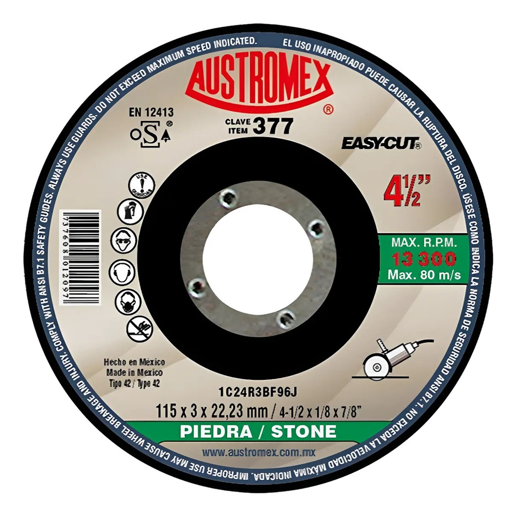 Disco 4-1/2" Piedra AUX377 Austromex para Corte y Desbaste